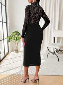 SHEIN Lady Robe en satin spliced de dentelle noire Robe élégante slim de mode pour femmes Robe à manches longues - Noir - Voir 2
