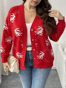 Flirla Plus Size Women Christmas Red Long Sleeve Cardigan Sweater - Red - View 3