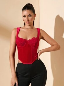 SHEIN BAE Women's Red Velvet All-Match Tight Patchwork Lace Bra Gorgeous Halter Top With Curved Hem Floral Lace Corset Top