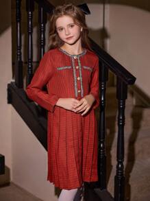 SHEIN Vestido elegante de manga larga con pliegues para niñas preadolescentes, ideal para usar al aire libre y para ir y venir en otoño, primavera e invierno, Vestido rojo