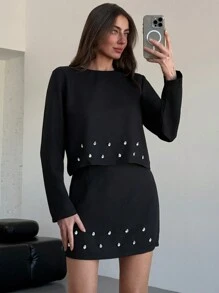 Aloruh 2 Stücke Damen elegantes Set: Rundhalsoberteile mit Strass-Verzierung und Minirock, Herbst