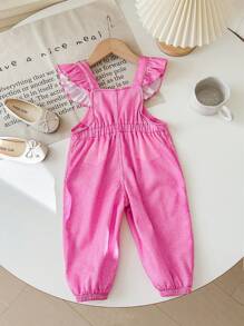 SHEIN Bộ đồ liền thân viền bèo nhún màu hồng họa tiết dâu tây dễ thương cho bé gái sơ sinh, mùa thu/đông - Hồng - Xem 2