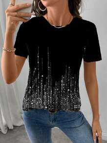 SHEIN LUNE Casual Minimalist Glitter Round Neck Short Sleeve Loose Sequin Top