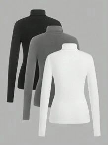 SHEIN EZwear Multicolor Knitted Women Solid High Neck Long Sleeve Tight Fitting T-Shirt Set, Autumn