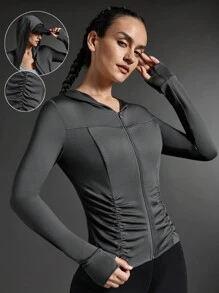 SHEIN Sports Solid Color Ruched Fitted Hooded Sports Jacket