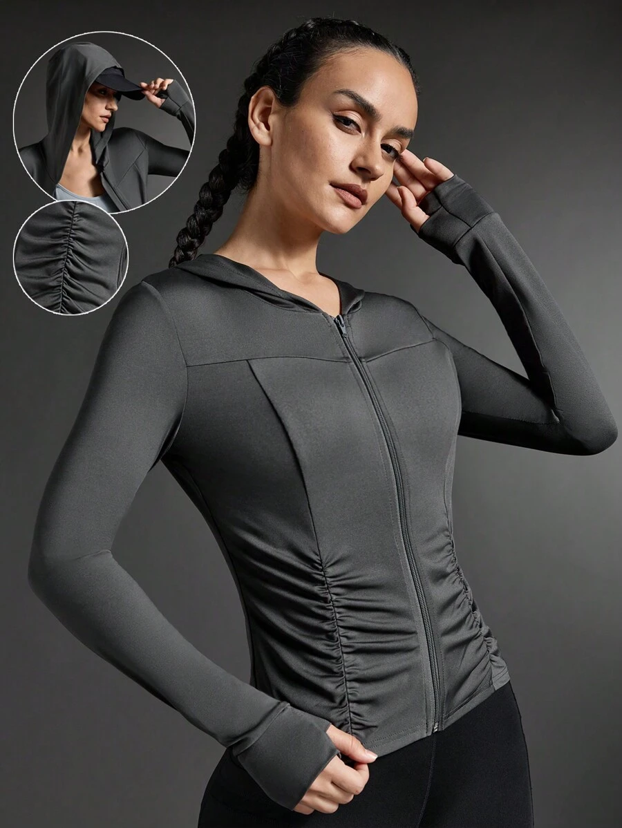 SHEIN Sports Solid Color Ruched Fitted Hooded Sports Jacket