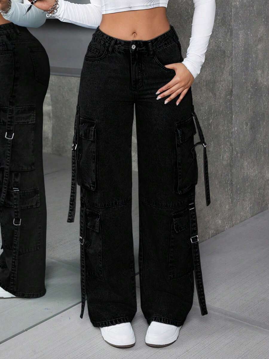 SHEIN ICON Quần Jeans Ống Thẳng Túi Đơn Giản Màu Trơn Đã Giặt - màu đen - Xem 1