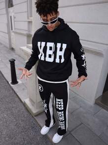 Manfinity EMRG 2pcs/Set Men Casual Letter Print Hooded Sweatshirt And Sweatpants Set - Multicolor - View 1