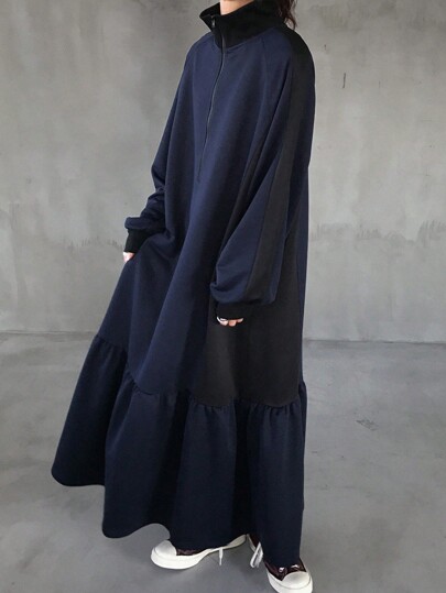 FRIFUL Women's Solid Color Half Zip Casual Versatile Long Sleeve Loose Mid-Length Dress,Fall Dress