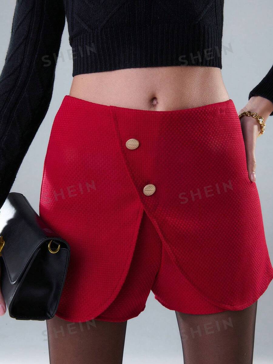 TypaGal Pantalones cortos con detalle asimétrico de botón envolvente para ropa de Año Nuevo