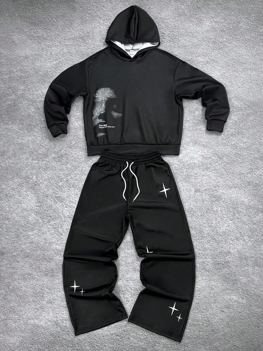 青少年男孩休闲格子舒适连帽运动衫和裤子套装 - 黑色 - 查看 1