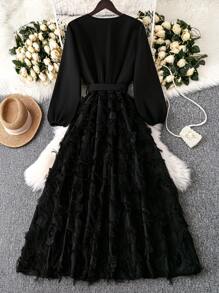 SHEIN Unity 女士加大码优雅纯色交叉领泡泡袖浪漫镂空面料系带长袖连衣裙，适合约会、派对、秋冬长款女装 - 黑色 - 查看 2