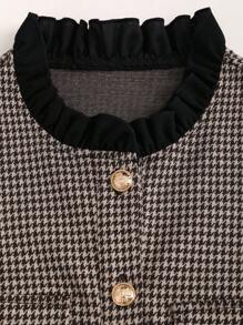 Sweetra Vestido de corte regular de manga larga con volante en el bajo, de unicolor con parches de tweed, para primavera y otoño - Blanco y Negro - Ver 4