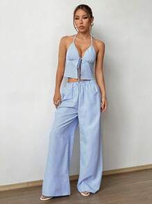 SHEIN Tall Striped Cami With Front Tie & Loose Straight Leg Pants 2 Pieces Set For Women