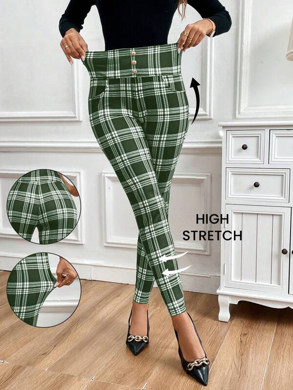 SHEIN Clasi Pantaloni din tricot cu decorare cu cataramă metalică, cu talie înaltă, de damă