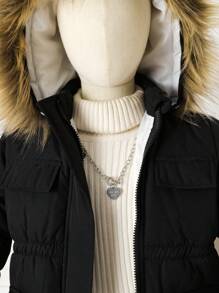 SHEIN 年轻女孩加厚时尚休闲简约优雅纯色大口袋长袖连帽保暖棉服外套，适合日常、通勤、百搭 - 黑色 - 查看 6