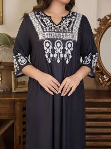 Camisón de talla grande con estampado retro - Negro - Ver 6