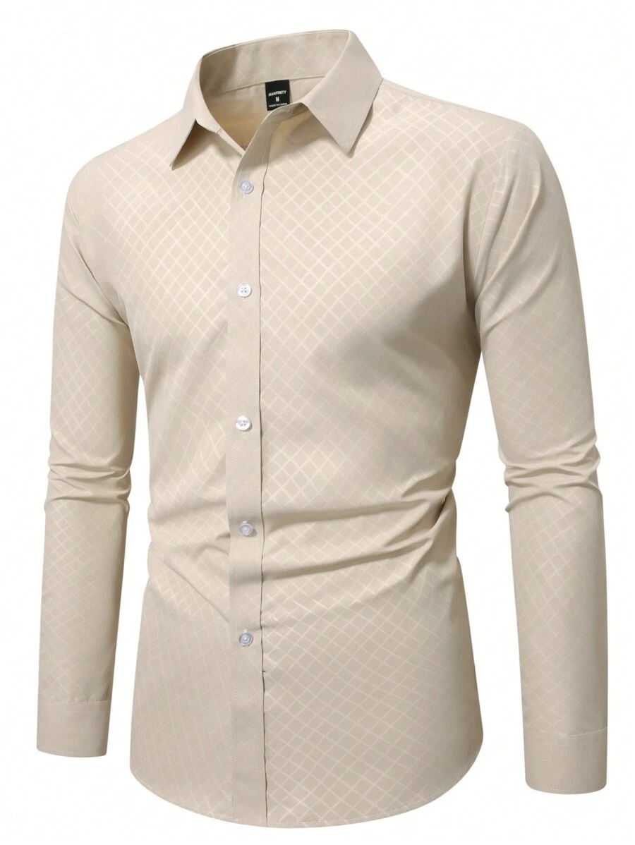 Manfinity Mode 男士纯色纽扣前长袖休闲上衣，适合秋季日常穿着 - 杏色 - 查看 1