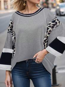 SHEIN LUNE Femmes Chemise maille décontractée ample à manches chauve-souris col rond avec impression aléatoire, t-shirts femmes imprimé graphique automne léopard