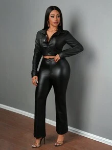 Slaydiva 女式冬季休闲街头风格短款夹克，带口袋和高腰紧身工装裤套装