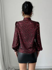 Chiquease Heart Foil Accent Lantern Sleeve Button-Up Long Sleeve Shirt Fall Cloth For Women - Multicolor - View 2