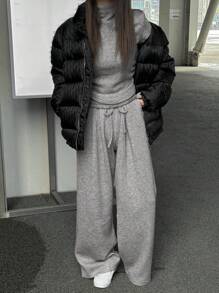 DAZY 女士纯色高领短袖上衣和阔腿裤针织套装，灰色，春夏休闲套装