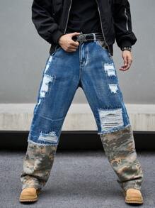 Manfinity EMRG Men's Camouflage Print Ripped Pocket Casual Versatile Denim Jeans