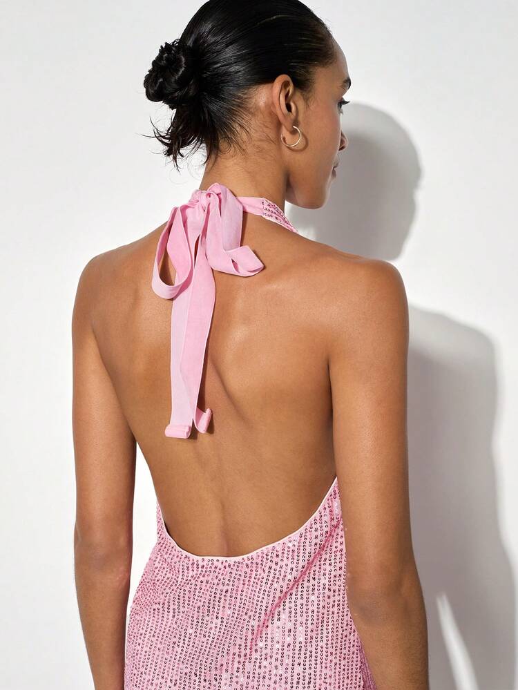 SHEIN Maija Women's Christmas Party High Collar Tie Bow Sequined Modern Elegant Short Dress, Autumn/Winter, Pink