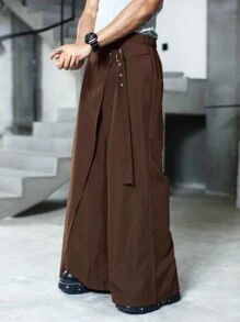 Manfinity Hypemode 男士纯色前扣经典休闲西装裤 - 棕色 - 查看 4