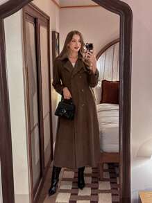 Pariaura 女士纯色长袖双排扣长款休闲/通勤风衣，秋冬 - 棕色 - 查看 1