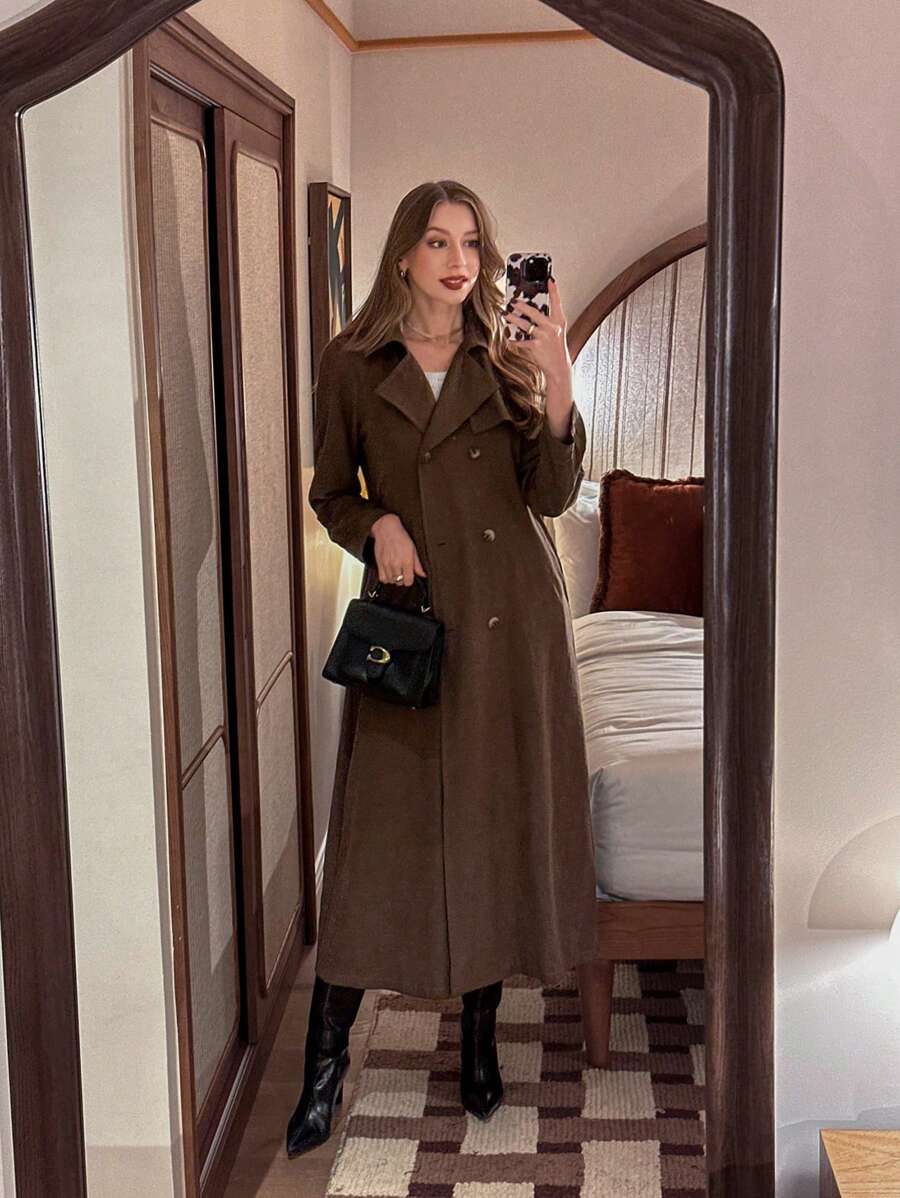 Pariaura 女士纯色长袖双排扣长款休闲/通勤风衣，秋冬 - 棕色 - 查看 1