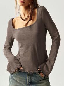 Bohemela Maglia a maniche lunghe da donna slim fit, collo quadrato, con maniche a sbuffo, in maglia tinta unita, adatta per il tempo libero - Caffè Marrone - Visualizzare 2