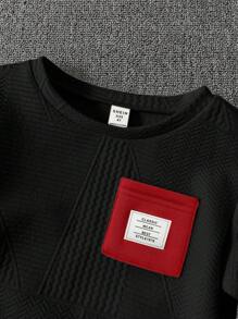 SHEIN 2pcs/Set Young Boy Casual Cute Colorblock Round Neck Pullover Sweatshirt + Fitted Waist Pants Knit Set, Suitable For School, Garden, Beach, Birthday, All Season (Spring, Summer, Fall, Winter), Fleece Thickened