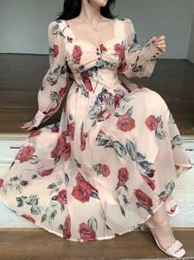 DAZY 方领满花印花灯笼袖女士中长连衣裙，秋装长袖连衣裙