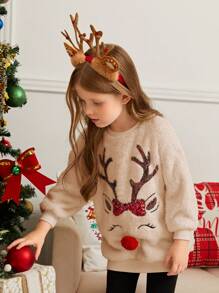 SHEIN Young Girl Knit Solid Color Fluffy Deer Pattern Loose Fit Crew Neck Casual Sweatshirt, For Christmas,In Fall/Winter - Apricot - View 6