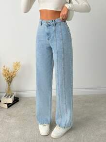 EURMUSE HIGH WAIST FRONT SEAM DETAILED LOOSE STRAIGHT LEG JEAN - Light Wash - View 6