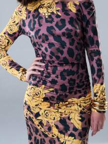 SHEIN Unity Seksowna sukienka z długim rękawem i nadrukiem w panterkę w wielu kolorach i wysokim rozcięciem na Nowy Rok