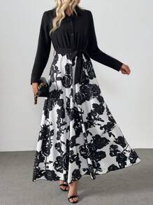 SHEIN Clasi 法式优雅女士优雅日常衬衫领腰部拼接黑白玫瑰印花大 A 字泡泡袖长袖连衣裙，秋冬长款女装 - 黑色 - 查看 5