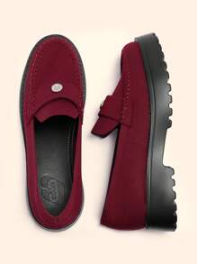 CUCCOO BASICS 女士简约厚底一脚蹬休闲乐福鞋，日常穿着 - 酒紅色 - 查看 4