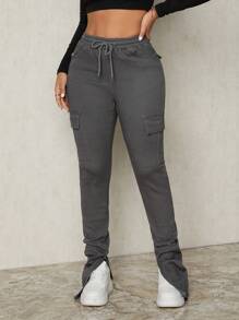 SHEIN SXY Women's Casual Cargo Jeans With Pockets, Ankle Slits, Elastic Waistband, Slim Fit, All Season - Grey - View 3