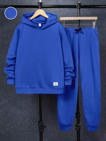 SHEIN 2 件套青少年男童休闲百搭舒适连帽纯色运动衫和裤子套装，适合派对、学校、郊游、所有季节