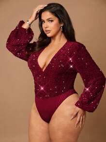 SHEIN BAE Tutina elegante da donna taglia forte con maniche a sbuffo, scollo a V profondo, e paillettes rosse, adatta per l'autunno e l'inverno, incluso Ognissanti - Bordò - Visualizzare 8