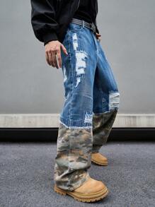 Manfinity EMRG Men's Camouflage Print Ripped Pocket Casual Versatile Denim Jeans