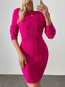 SHEIN Clasi Casual Waist Drawstring Round Neck Long Sleeve Warm Diamond Knitted Magenta Sweater Dress For Women, Autumn/Winter
