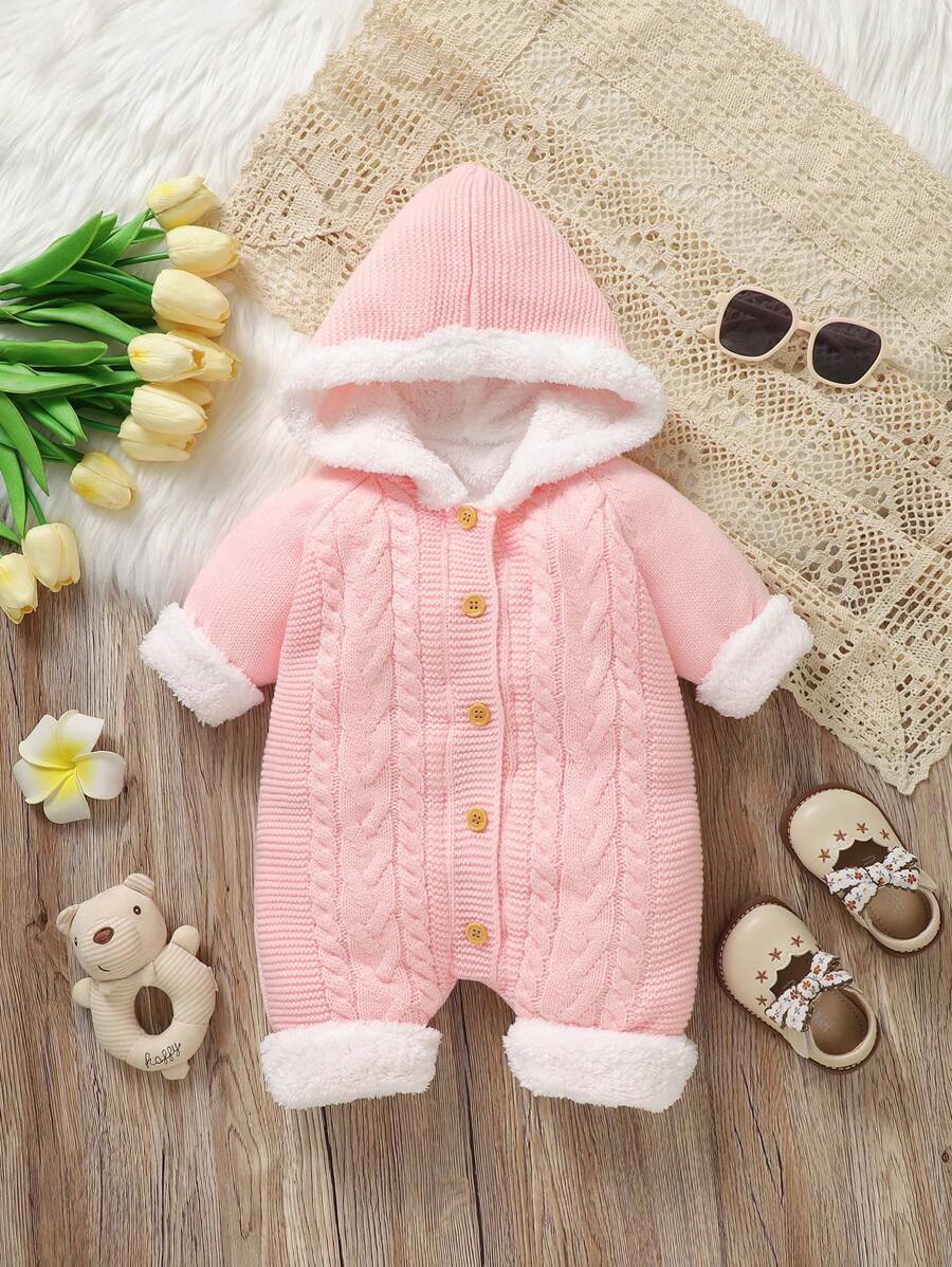 Baby Girl Front Button Fluffy Splicing Long Sleeve Casual Sweater Jumpsuit - Pink - View 1