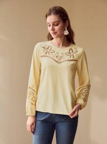 MOTF PREMIUM EMBROIDERY DETAIL LANTERN SLEEVE BLOUSE - Yellow - View 7