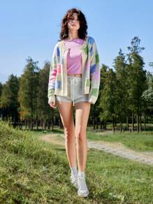Skyraze Áo len cardigan dệt kim màu khối thời trang cho nữ, áo len tay giám mục kẻ ô vuông, áo crop top kẻ sọc nhiều màu cho nữ, cổ tròn, tay ngắn, thời trang thường ngày, áo len chui đầu kẻ ô vuông màu khối tương phản hợp thời trang, họa tiết hình học - Nhiều màu - Xem 5