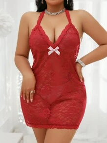 Plus Size Sexy Pearl Backless Camisole Nightgown Lingerie - Burgundy - View 3