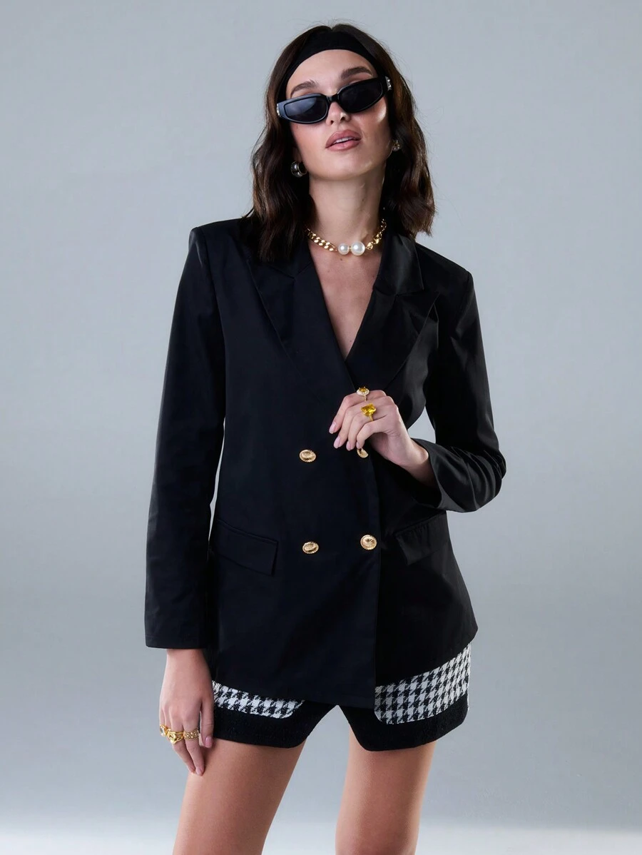 SHEIN Unity 纯色双排扣长袖西装外套优雅冬季 - 黑色 - 查看 1