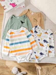 SHEIN 4pcs/Set Newborn Baby Boy/Girl Cute Cartoon Dinosaur Print Colorblock Round Neck Short Sleeve Bodysuit Graphic - Multicolor - View 7
